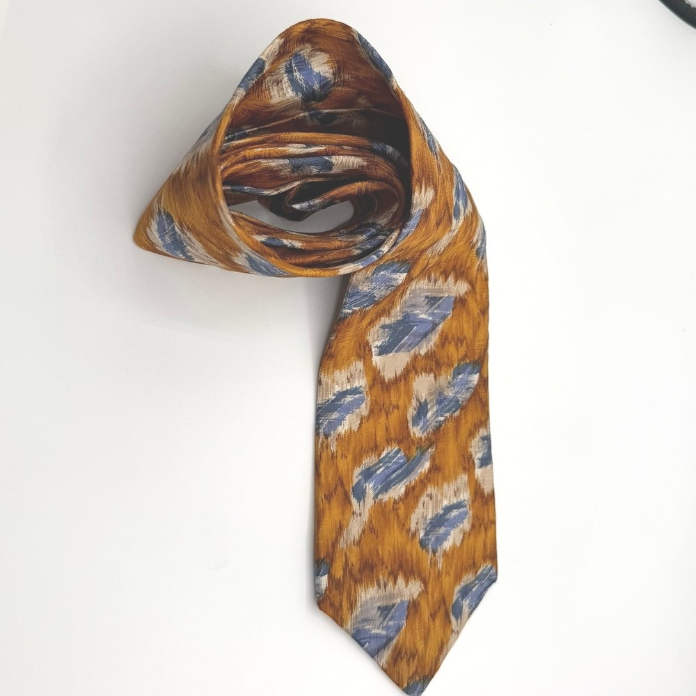 Ferrell‎ Reed Silk Necktie Mens OS Gold Blue Abstract Ikat Italy USA - Picture 6 of 7